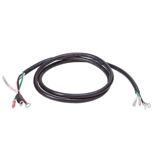 A black DC Harness (Ring Term & BTS) with two wires on it.