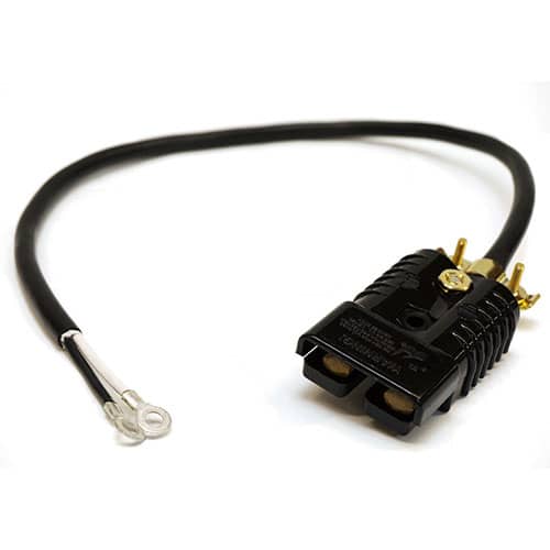 A black wire with a gold connector attached to the DC Harness (Black SB175).