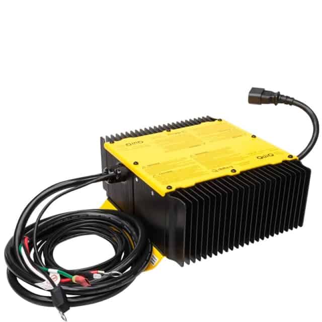 A yellow power supply with wires and cables.