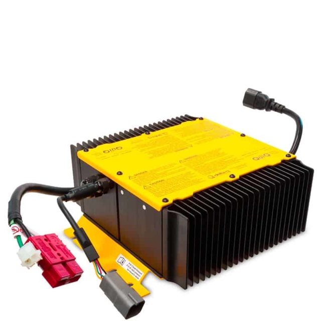 A yellow power supply with wires attached to it.