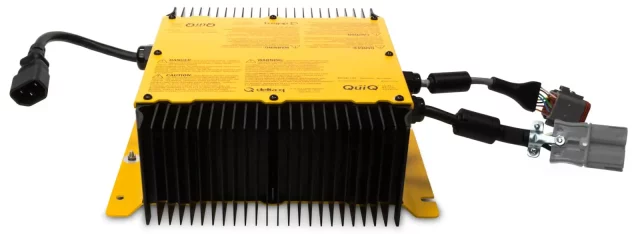 A yellow power supply on a white background.
