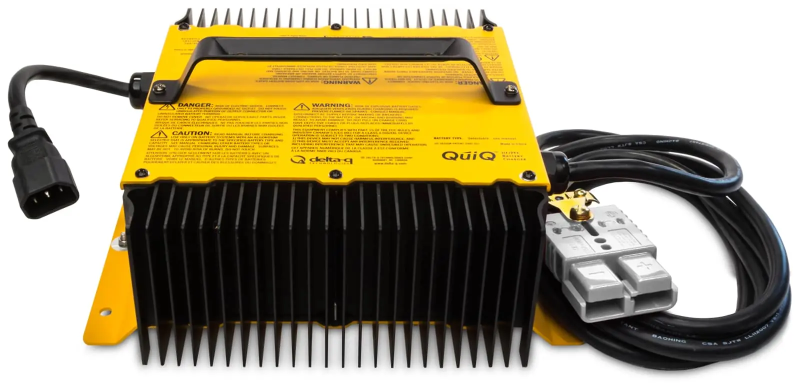 A yellow power inverter on a white background.