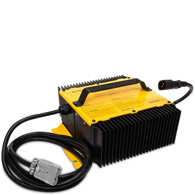 A yellow battery charger with a cable attached to it.