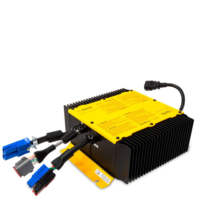 A yellow power supply with two wires attached to it.