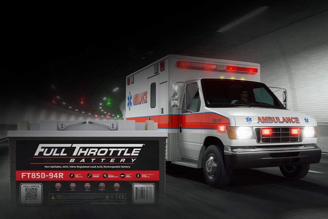 A Full Throttle battery is shown in the foreground, with an ambulance driving in a tunnel in the background.