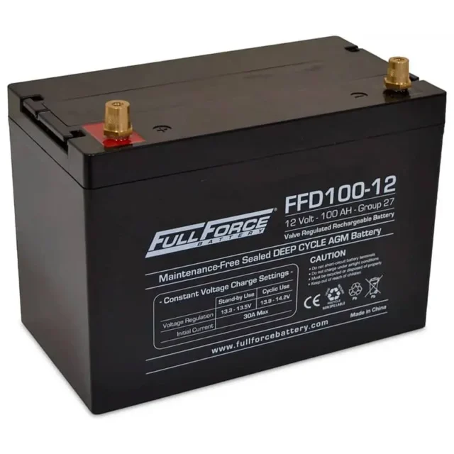 A Full Force Battery FFD100-12 model with a 12V, 100AH capacity, featuring two top terminals, comes in black and displays specifications and company branding on the front.