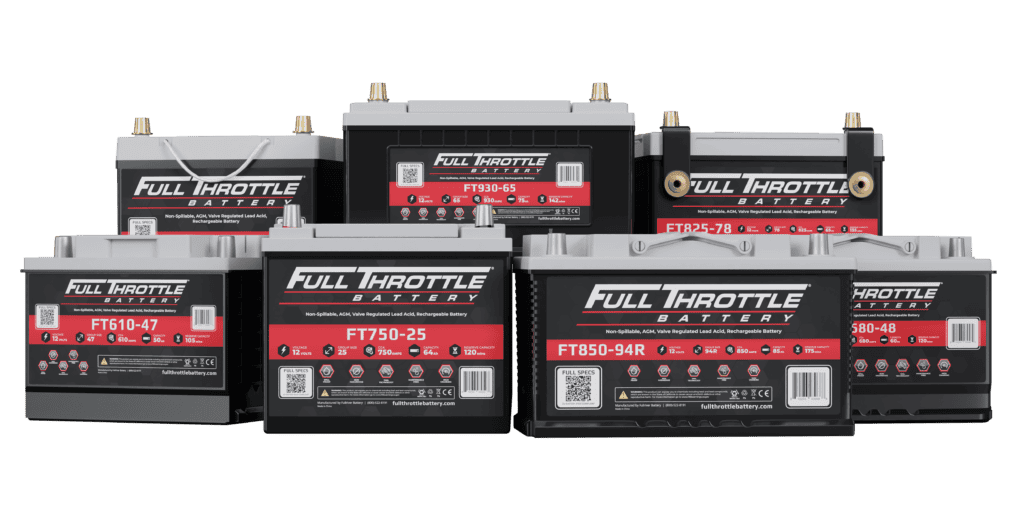 Seven Full Throttle batteries of various sizes and models are displayed against a plain background.