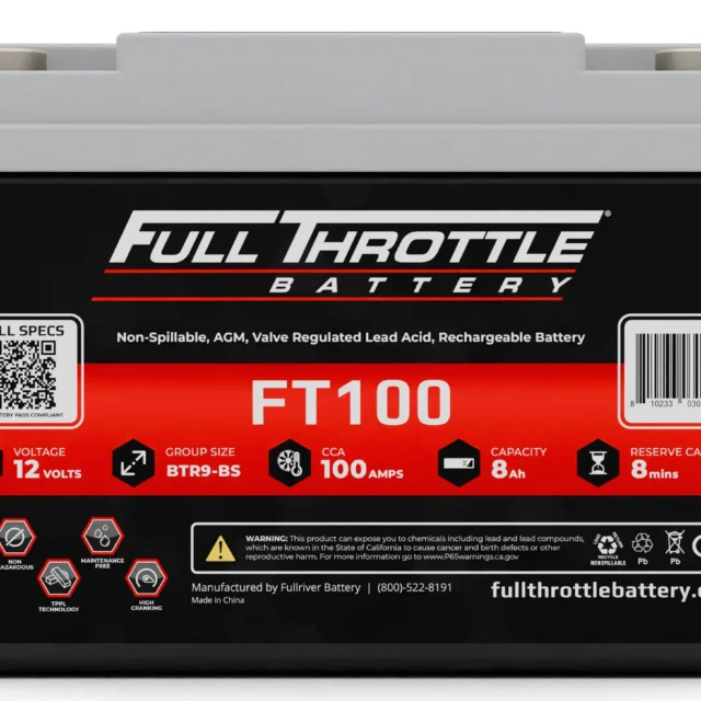 Image of a Full Throttle FT100 battery, 12 volts, group size BTR9-BS, 100 CCA. Features a QR code, bar code, and various icons. Made in China.