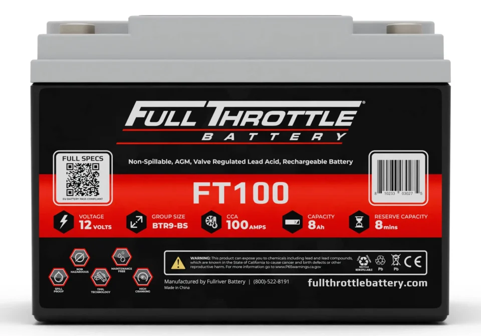 Image of a Full Throttle FT100 battery, 12 volts, group size BTR9-BS, 100 CCA. Features a QR code, bar code, and various icons. Made in China.