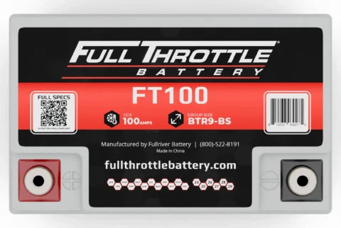 Close-up of a Full Throttle Battery FT100 label showing specifications, including 100 amps, group size BTR9-BS, and manufacturer details.