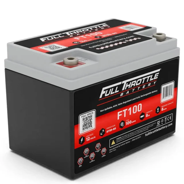 A rectangular black and gray battery labeled "Full Throttle FT100" with specifications and QR code on the front.