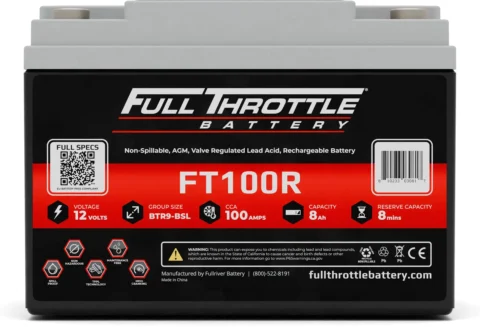 Red and black Full Throttle FT100R battery with specifications, including 12 volts, 100 amps CCA, and 8 amp capacity, labeled non-spillable and rechargeable.