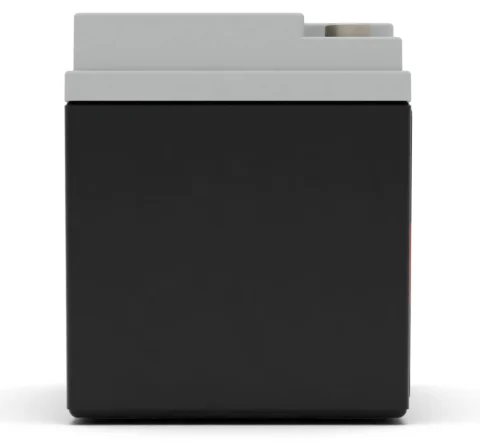 A black and gray rectangular battery viewed from the side.