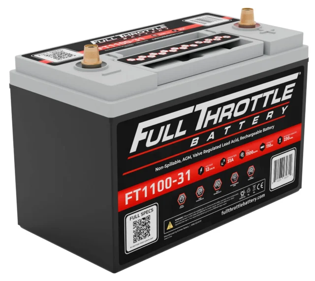 Image of a Full Throttle FT1100-31 battery, featuring a black body with red and white labeling, two terminals on top, and a handle. Specs include 1100 CCA and a 12V, 110Ah rating.