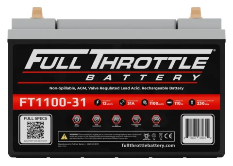 Front view of a Full Throttle FT1100-31 battery with branding, specifications, and a QR code on the label.