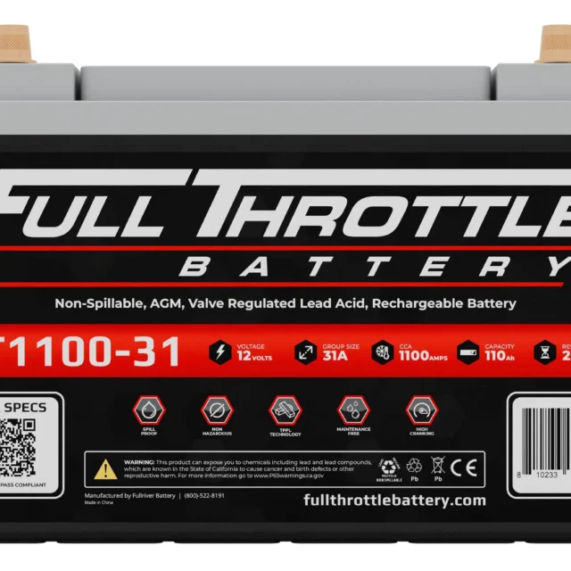 Front view of a Full Throttle FT1100-31 battery with branding, specifications, and a QR code on the label.