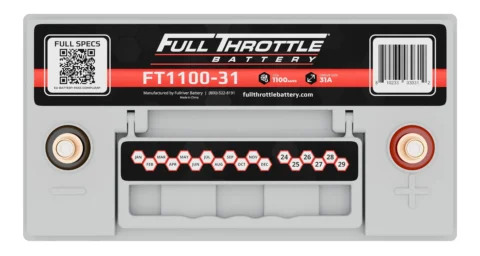 Full Throttle FT1100-31 battery top view showing terminals, specifications, and QR code.