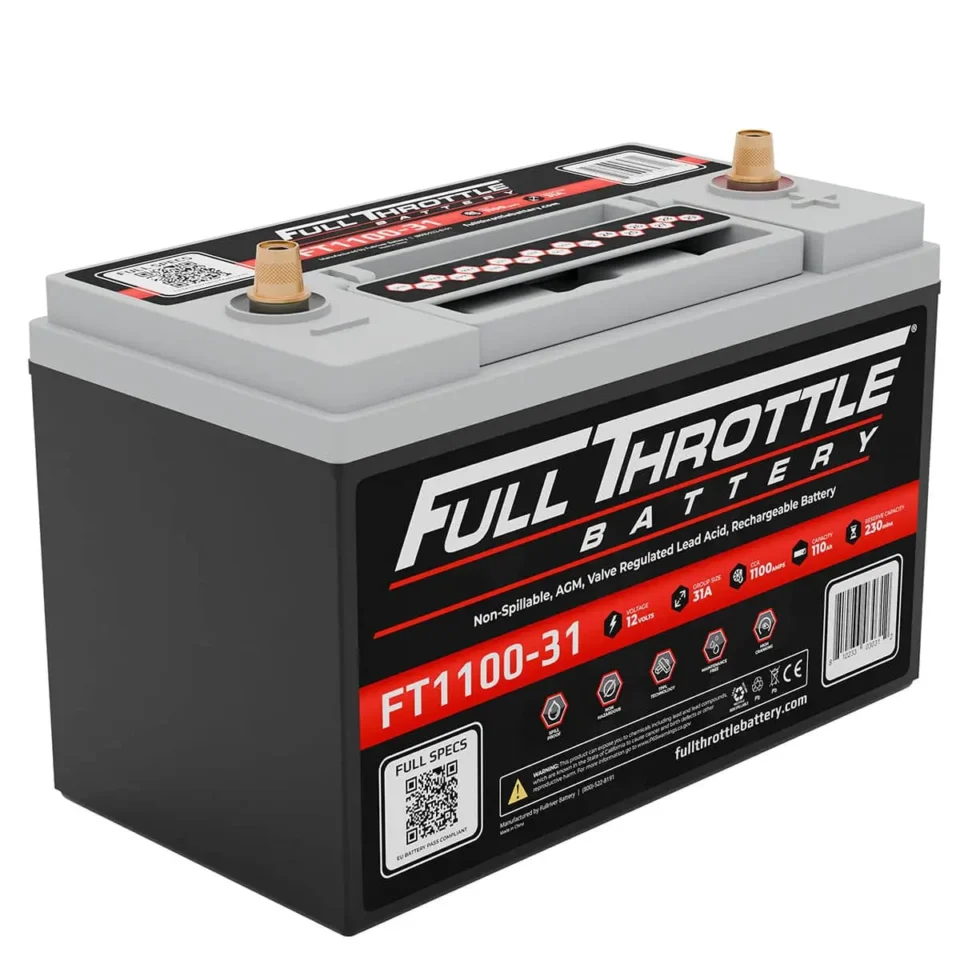 A Full Throttle FT1100-31 battery with specifications and icons displayed on the label.