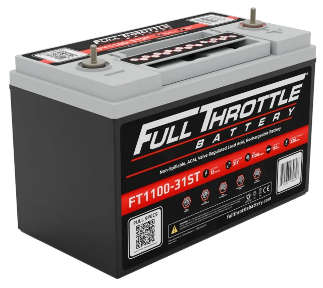 A Full Throttle Battery FT1100-31ST, showing the top view with two terminals and label details, including specifications like 1100 amps and 31T size.