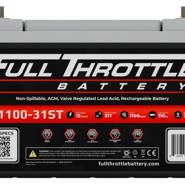 A Full Throttle FT1100-31ST battery with specifications listed on the front, including voltage, capacity, and dimensions.