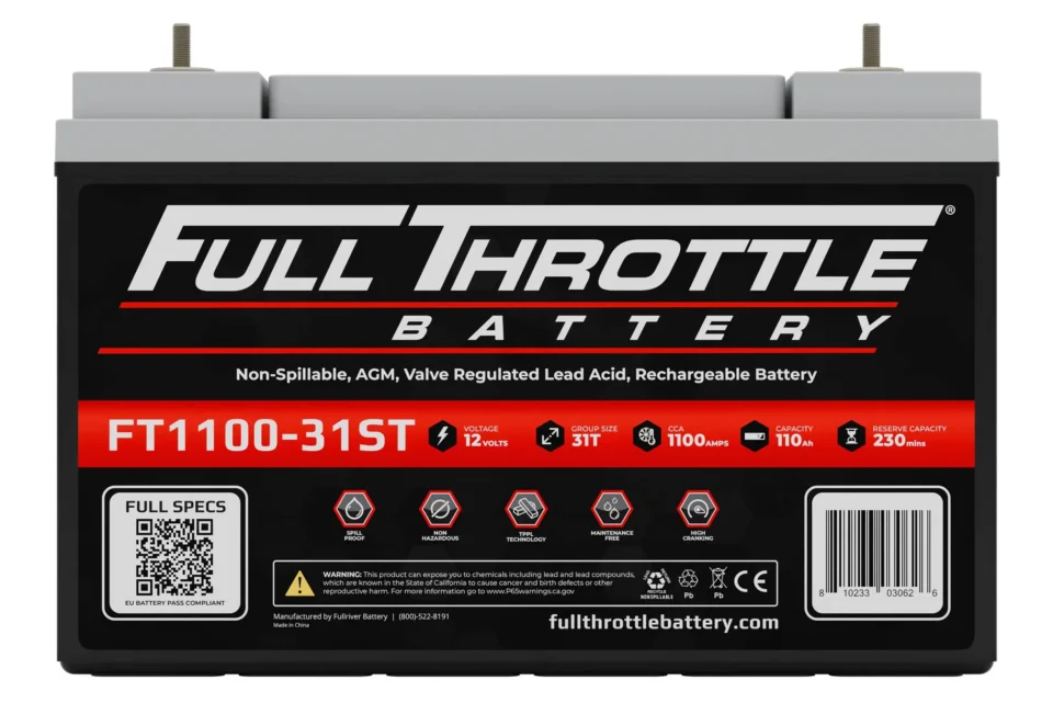 A Full Throttle FT1100-31ST battery with specifications listed on the front, including voltage, capacity, and dimensions.