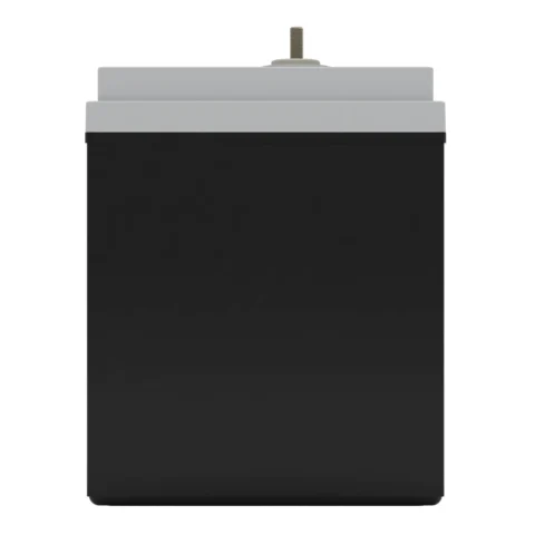 A large rectangular black battery with a gray top and a central metal terminal on a white background.