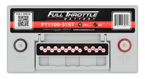 Top view of a Full Throttle FT1100-31ST battery with technical details, QR code, and barcode visible.