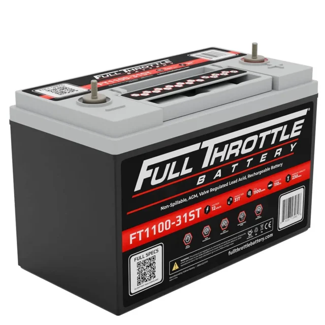 A full throttle battery with a label displaying specifications, including model FT1100-31ST, 12V voltage, 1100CCA, 51Ah capacity, and 190-minute reserve capacity.