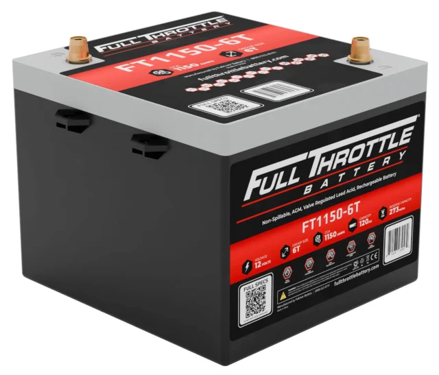 A Full Throttle FT1150-6T battery with a black and gray design, showcasing specifications including 12V, 1150 CCA, and 275 minutes reserve capacity.