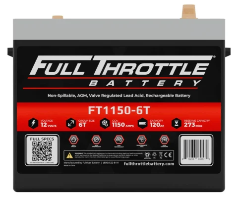 A Full Throttle Battery with labels indicating 12 volts, group size 6T, 1150 CCA, 120 Ah capacity, and 273-minute reserve.