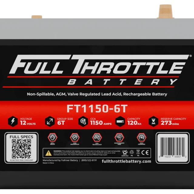 A Full Throttle Battery with labels indicating 12 volts, group size 6T, 1150 CCA, 120 Ah capacity, and 273-minute reserve.