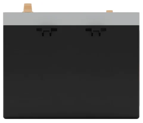 A black rectangular battery with a gray top and two terminals.