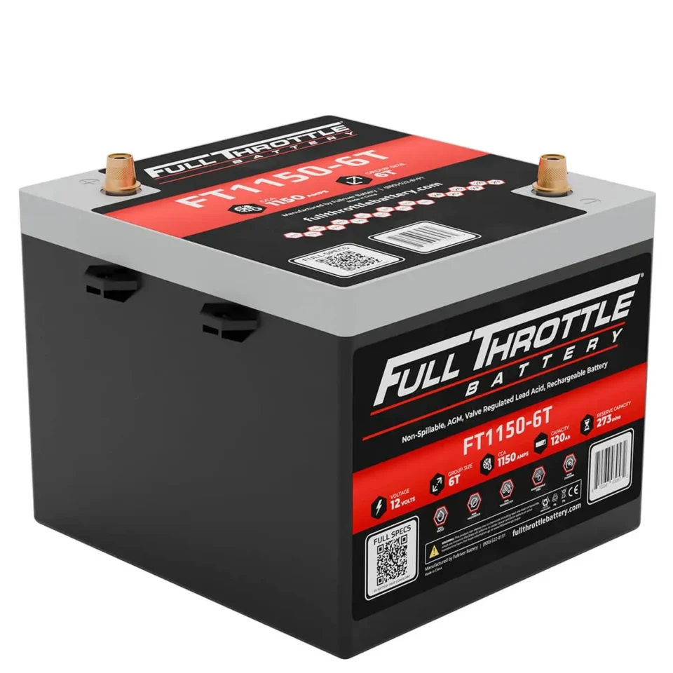 A Full Throttle battery model FT1150-6T, 12 volts, 1150CA, 6 volts, with specifications and branding visible on the label.