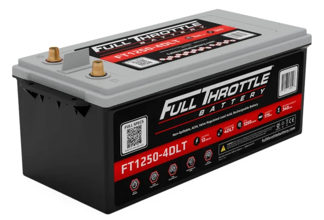 A Full Throttle FT1250-4DLT battery with specifications and branding visible on the exterior.