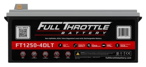 Full Throttle battery model FT1250-4DLT, 12 volts, 4DLT group size, 1250 amps capacity, 175 amp hours, with 340-minute reserve capacity.