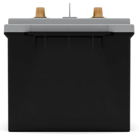 A black rectangular car battery with a gray top and two brass terminals.