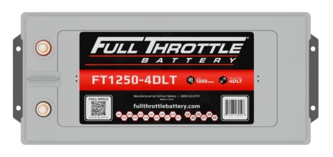 A Full Throttle Battery model FT1250-4DLT with a labeled cover featuring specs, QR code, and contact info.