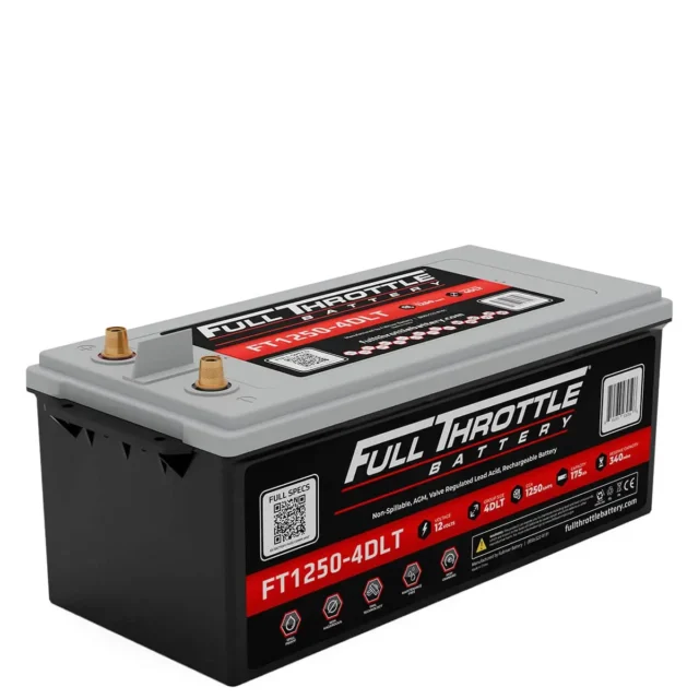 A Full Throttle battery model FT1250-4DLT with specifications listed on the label, featuring two terminals on top and a black and gray color scheme.