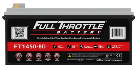 Full Throttle FT1450-8D battery with 12 volts, 1450CA, 225Ah. Black and red design with QR code and website information.