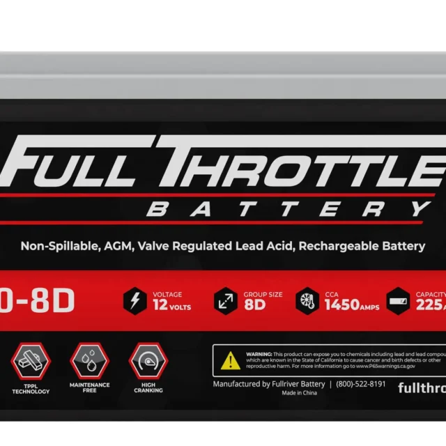 Full Throttle FT1450-8D battery with 12 volts, 1450CA, 225Ah. Black and red design with QR code and website information.