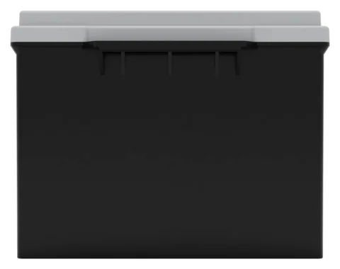 Black and gray plastic storage bin with a lid, viewed from the front.