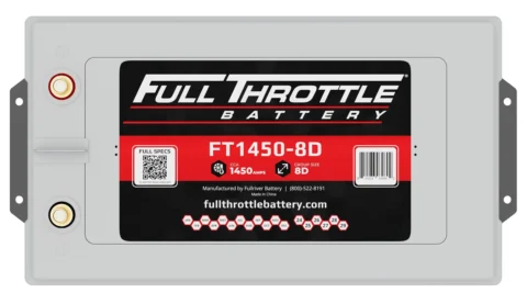 Battery labeled "Full Throttle Battery FT1450-8D" with specifications and website link on a red and black sticker.