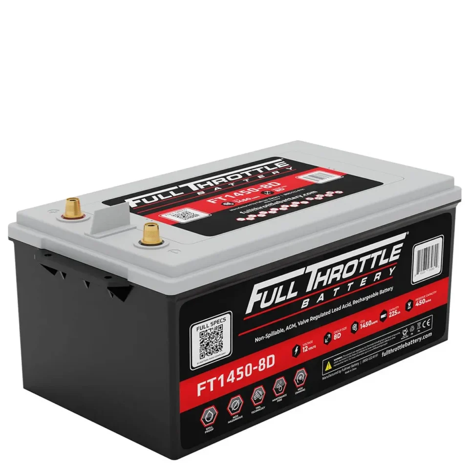 A Full Throttle battery model FT1450-8D with labels and specifications visible on its sides.