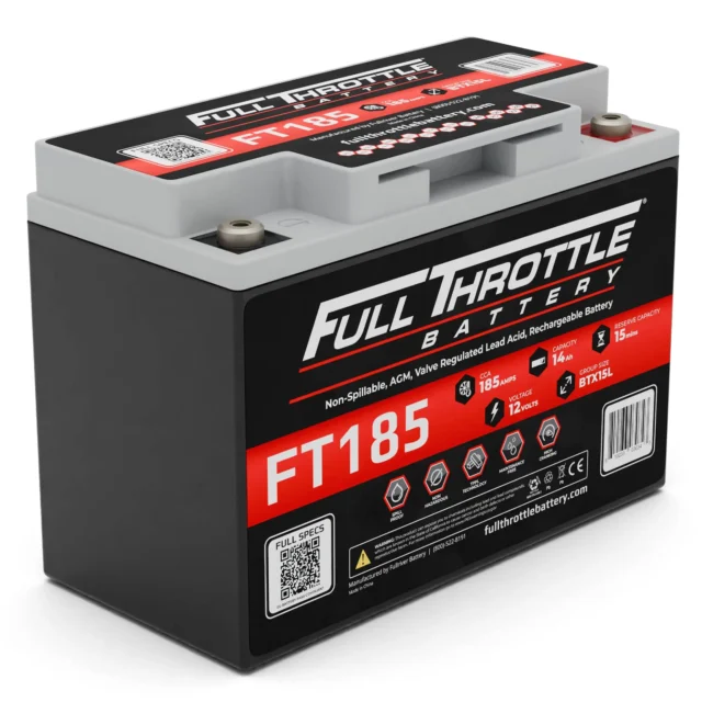 Full Throttle battery model FT185, non-spillable, AGM, valve regulated, lead acid, 12 volts, 15Ah, with labels and QR code.