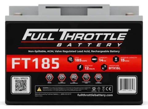 Image of a Full Throttle FT185 rechargeable lead acid battery with specifications including 185 amps, 14 Ah capacity, 12 volts, and 15 minutes reserve capacity.