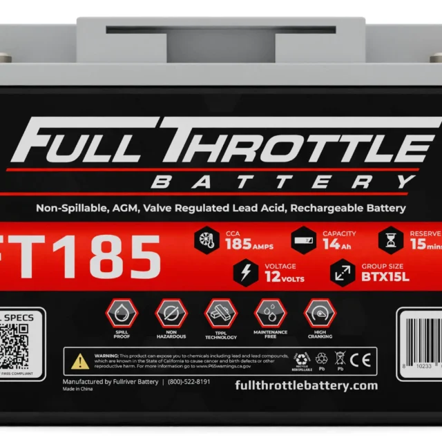 Image of a Full Throttle FT185 rechargeable lead acid battery with specifications including 185 amps, 14 Ah capacity, 12 volts, and 15 minutes reserve capacity.