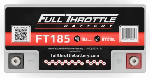 Image of a Full Throttle Battery FT185, labeled with 185 CCA, group size BTX15L, and manufactured by Fullriver Battery. Contact and website information included.