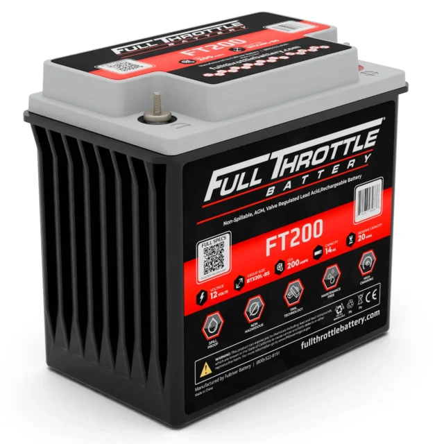 Black and gray car battery labeled "Full Throttle Battery FT200" with various specifications and icons displayed on the front.