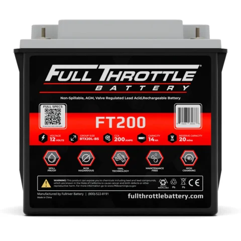 Image of a Full Throttle FT200 battery. Specs include 12 volts, model BTX20L-BS, 200 amps, capacity 16Ah, and reserve capacity of 20 mins. Features icons for spill/safety, no maintenance, and more.