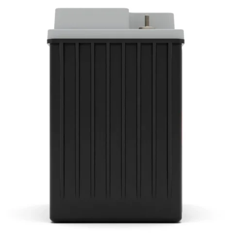 A black rectangular battery with vertical grooves and a gray top featuring a visible terminal.